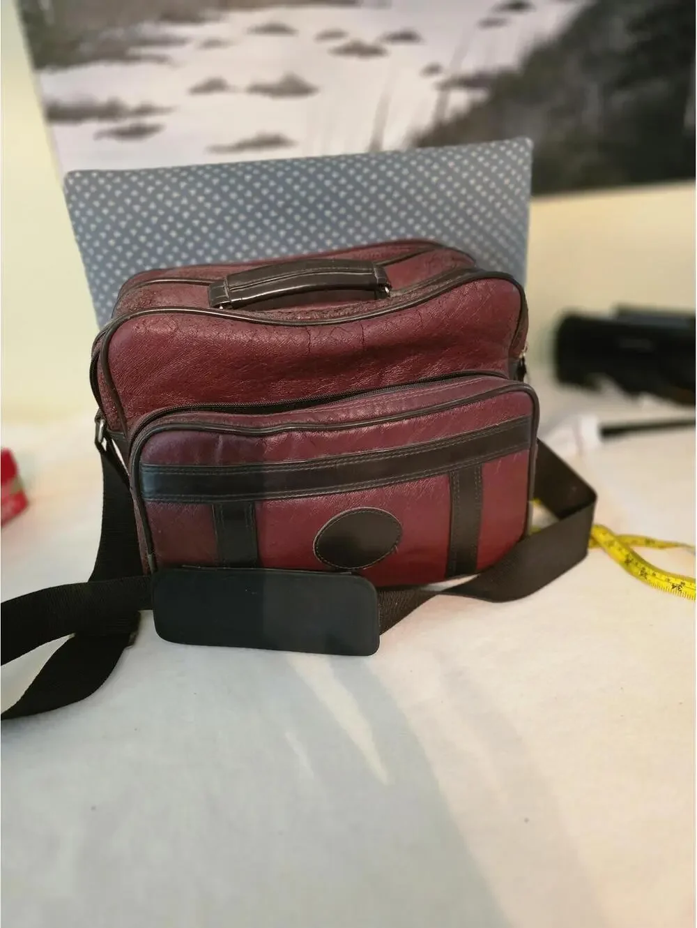 Vintage Burgundy Camera Camcorder Shoulder Bag Red Black Trim Blue Lining
